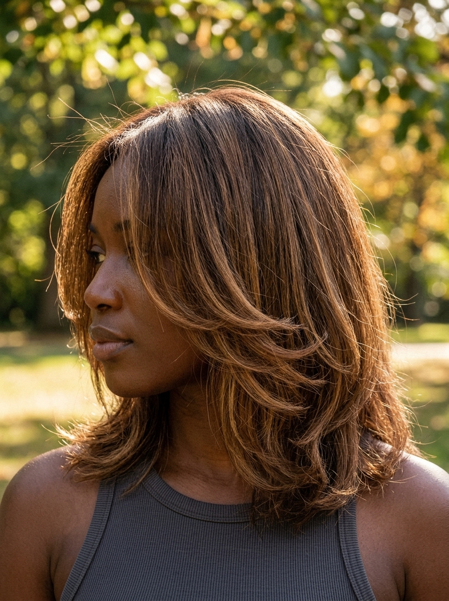 The Modern 'Rachel' Midi Haircut 2026 medium layered warm brown haircut with caramel highlights, curtain bangs — playful, retro-modern