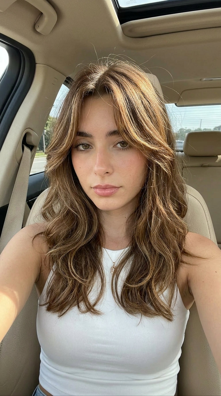 medium-long warm brown layered shag with caramel balayage and wispy curtain bangs