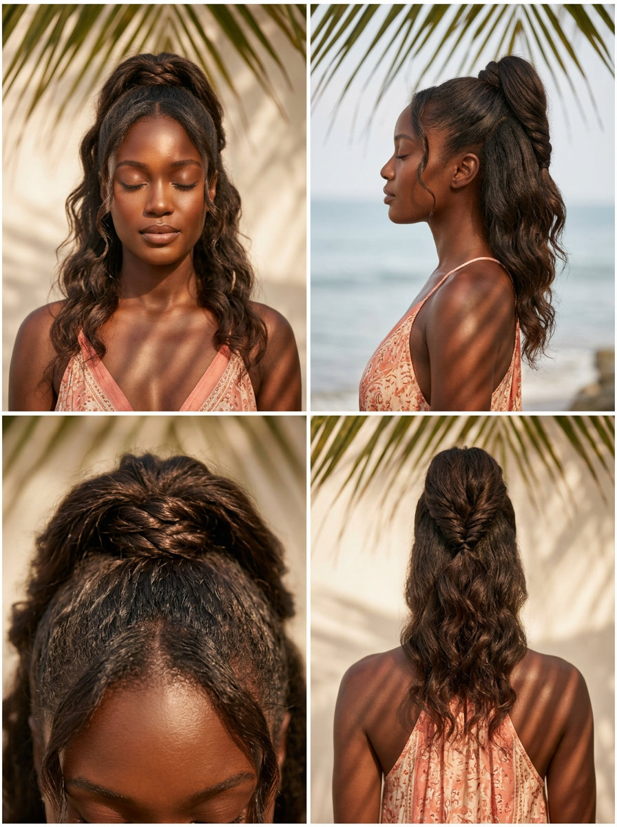 Half-Up Twisted Palm Pony 2026 shoulder-length warm brown hair with caramel balayage and half-up twisted ponytail for brunch