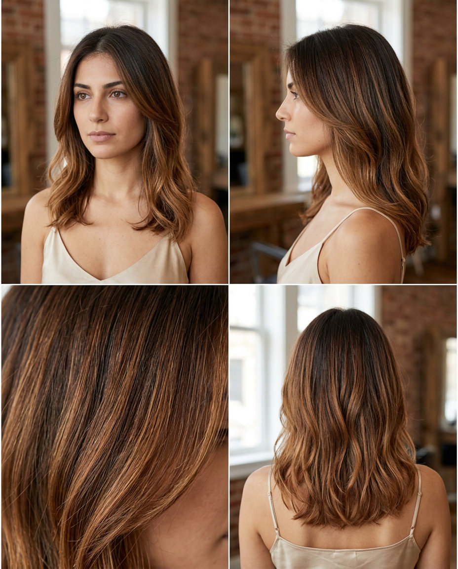 long layered cut with deep warm brunette root and bronze melt, golden/copper undertones — soft bohemian look