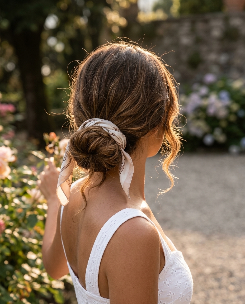 long warm brunette haircut with caramel babylights, soft face-framing layers for summer