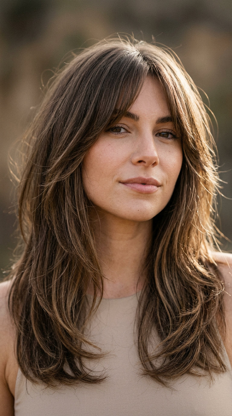 Fresh Summer Haircut 2026: Modern Kitty Cut medium-long haircut with warm brunette, caramel babylights, face-framing layers — edgy, playful