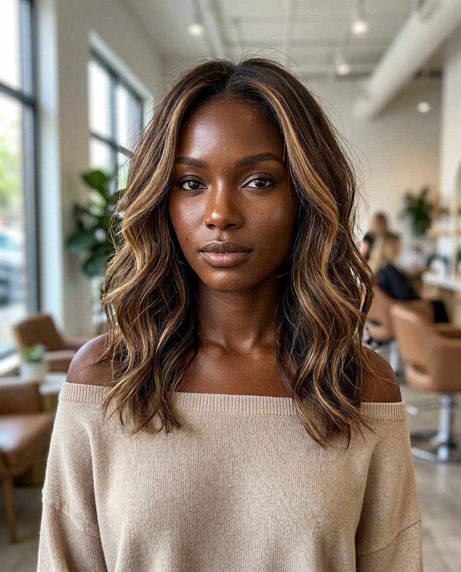 mid-length layered cut with warm brunette and honey glaze highlights, soft natural waves — effortless summer look
