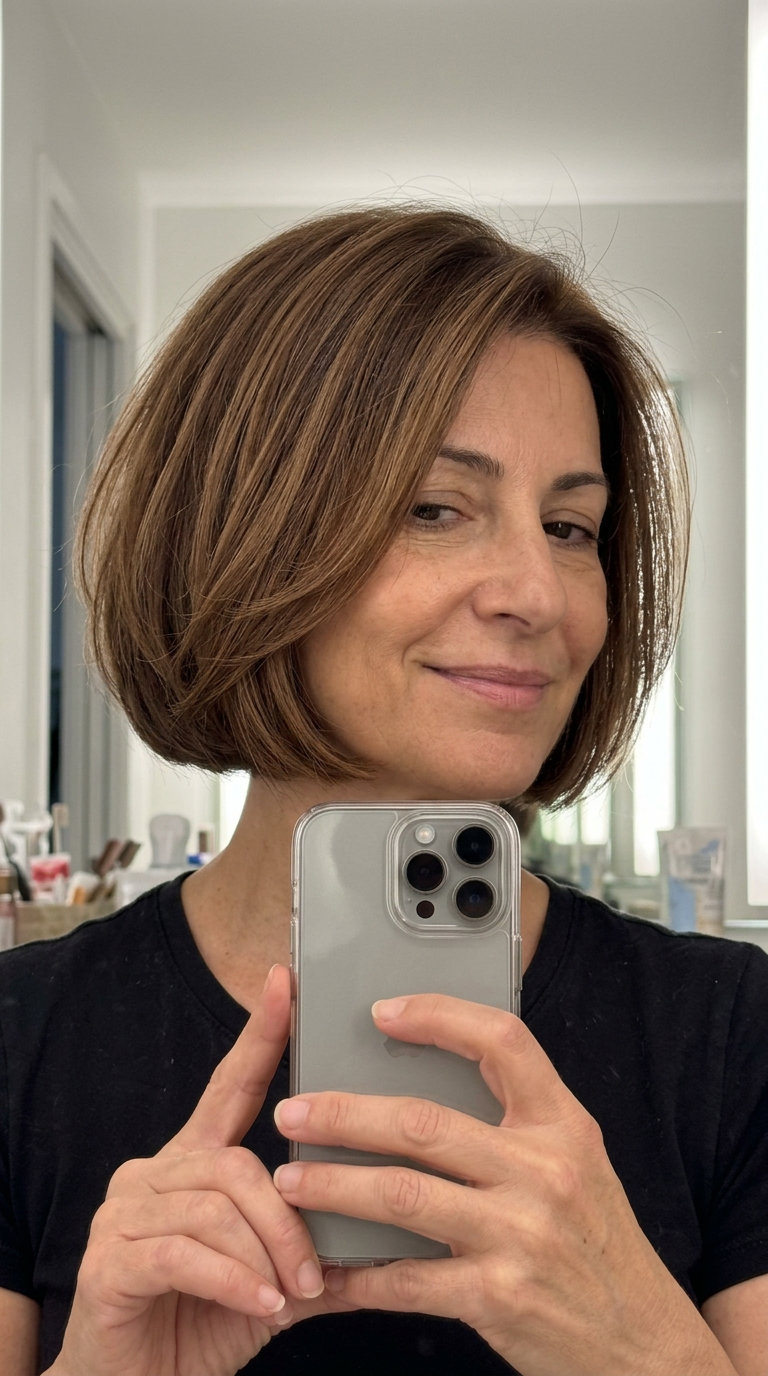chin-length bob haircut with warm caramel hair, hazelnut lowlights, and internal layers for summer