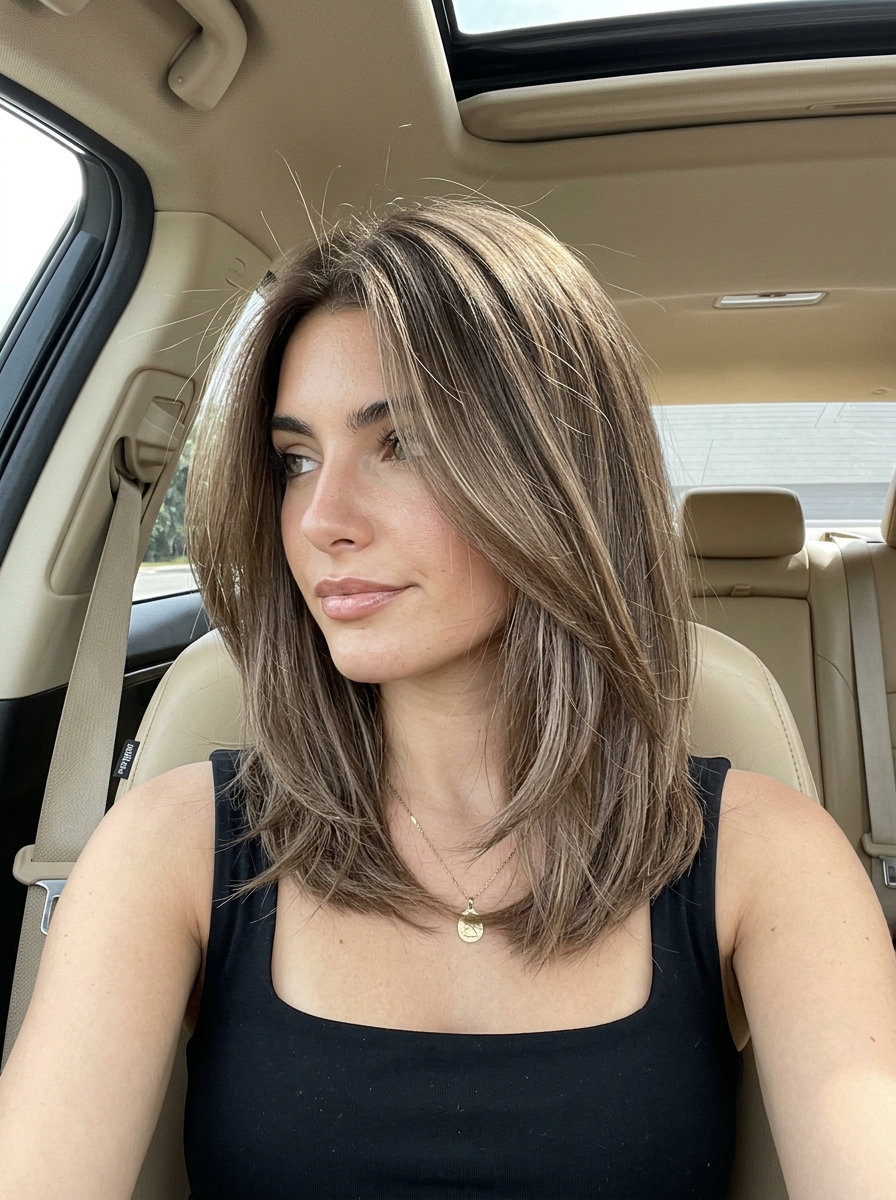 Muted Morel Mushroom Brown Hair 2026 shoulder-length mushroom brown hair color with warm beige, foilayage, point cut ends — playful summer look