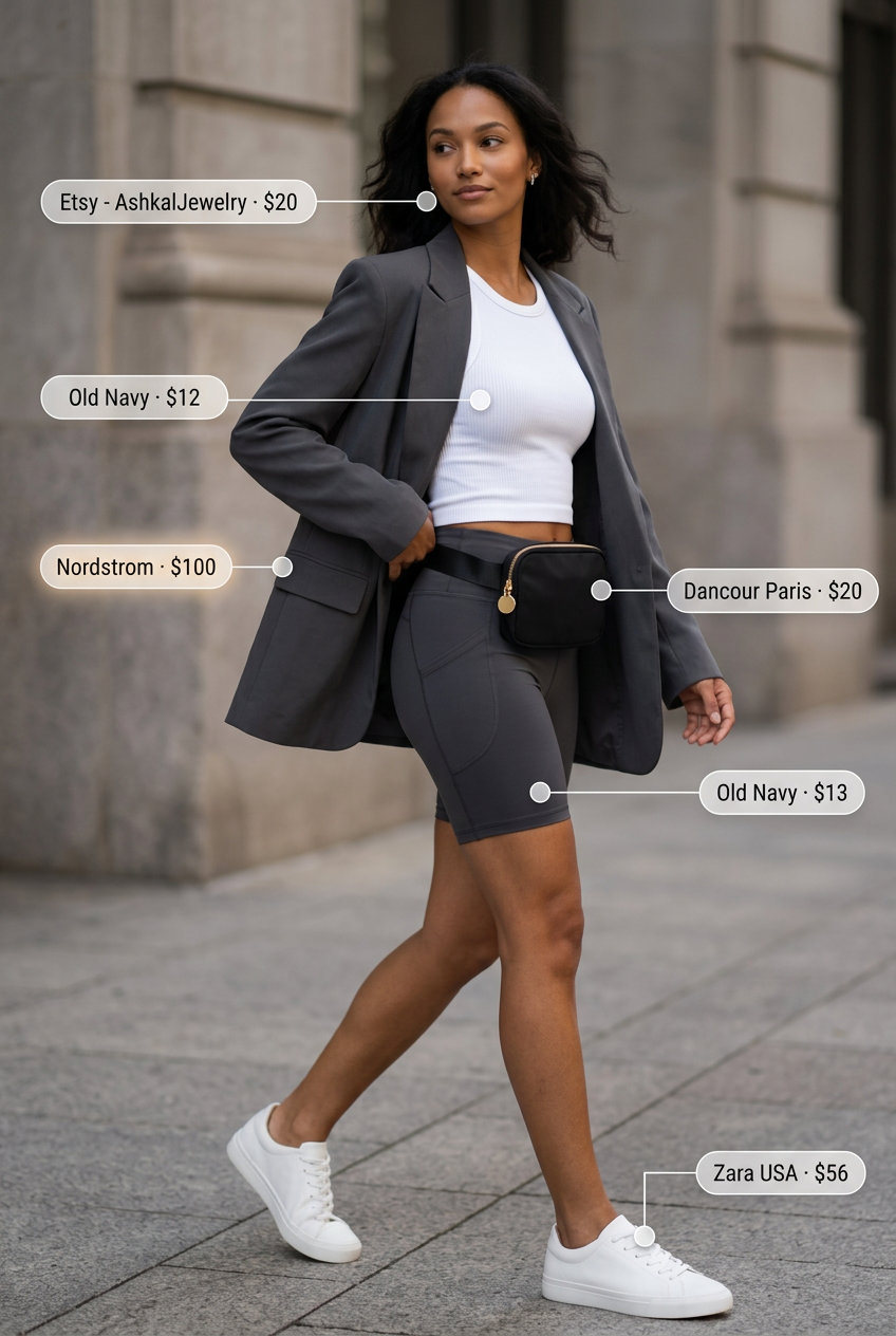 What to Wear with Blazer in Summer 2026: Athleisure look with black biker shorts & grey blazer.