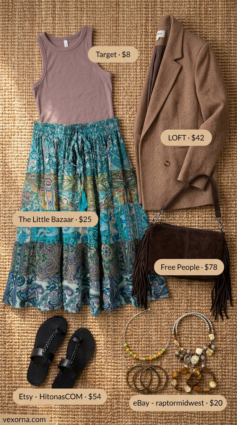 Boho maxi skirt outfit: Cream paisley skirt, brown tank, layered necklaces, fringe bag. What to Wear with Blazer in Summer 2026.