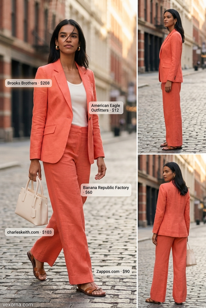 What to Wear with Blazer in Summer 2026: Bold coral blazer, cream wide-leg pants, and gold hoops for a statement look.
