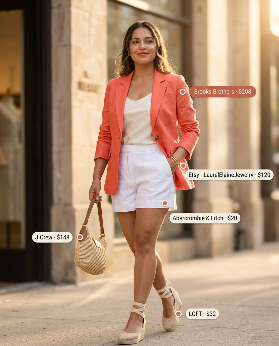 What to Wear with Blazer in Summer 2026: Coral blazer, white shorts, t-shirt, and espadrilles for a bright look.