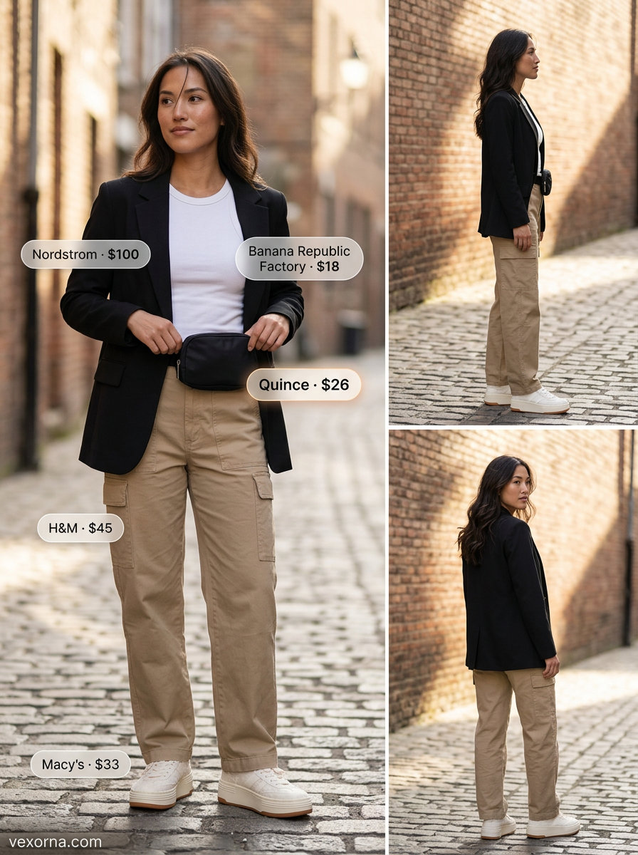 What to Wear with Blazer in Summer 2026: Khaki cargo pants, black tank, & white sneakers.