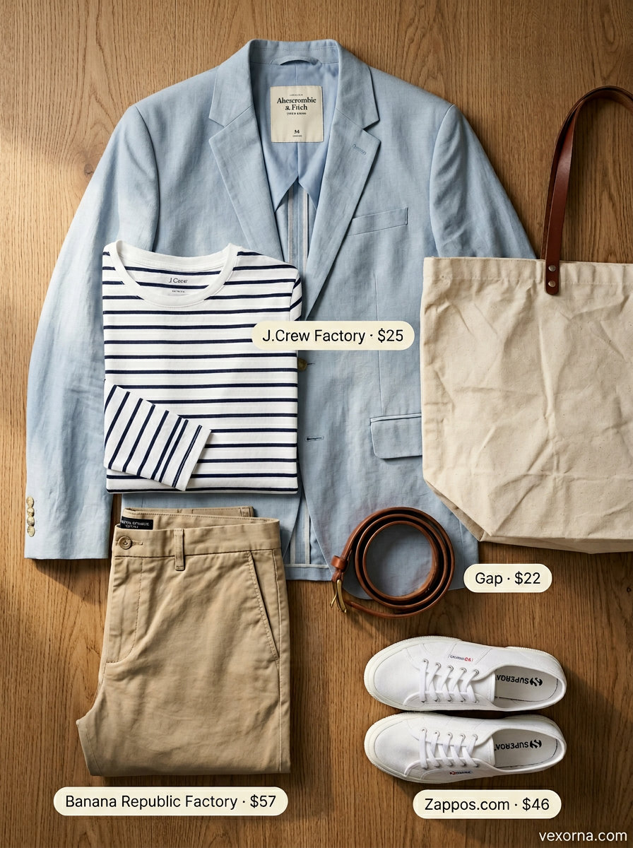 Casual weekend outfit: Light blue striped tee, khaki chinos, unstructured blazer, sneakers. What to Wear with Blazer in Summer 2026.