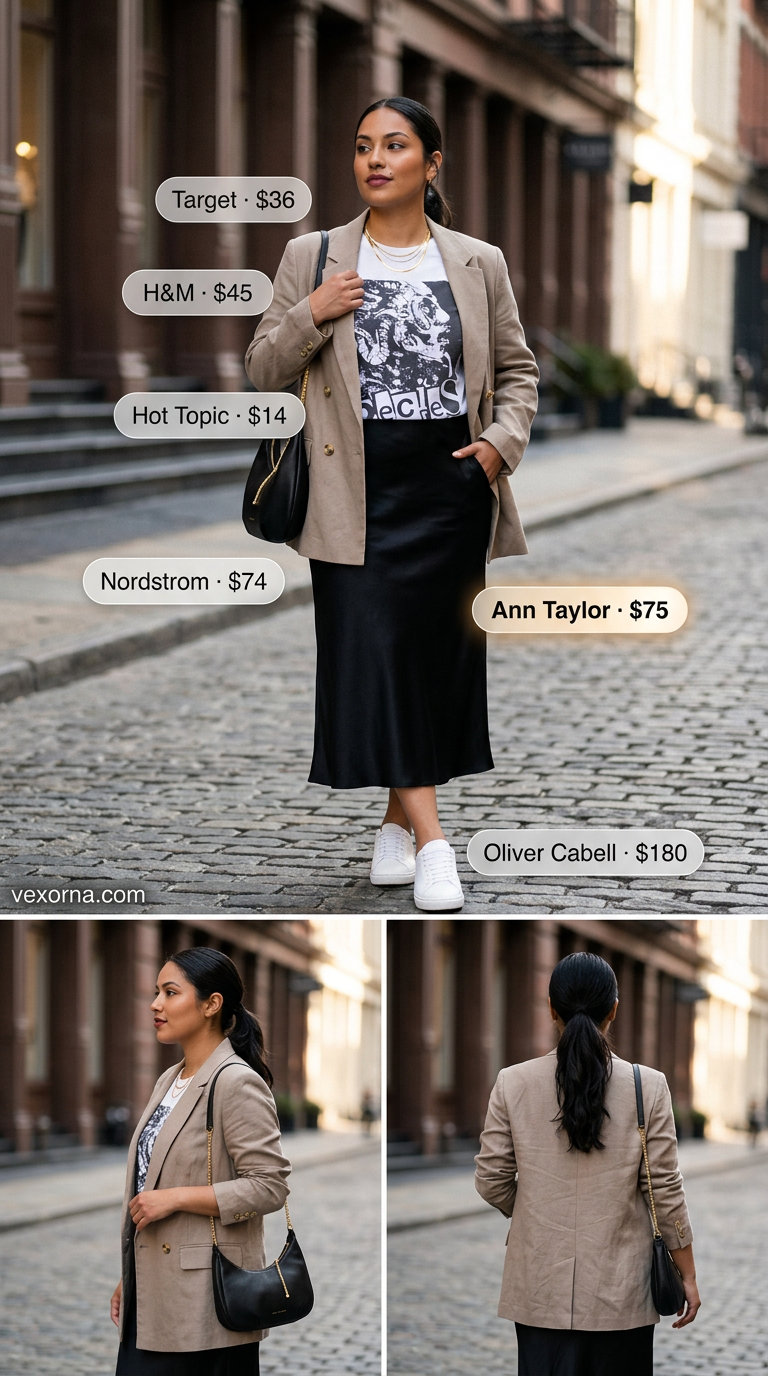 What to Wear with Blazer in Summer 2026: Linen blazer, satin midi skirt, graphic tee, and sneakers for city chic.