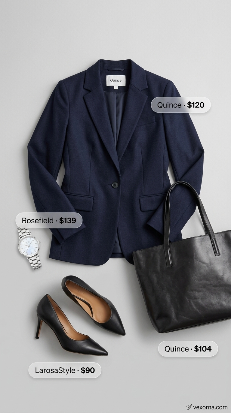 Office outfit: Navy blazer, white silk top, wide-leg trousers, black pumps. What to Wear with Blazer in Summer 2026.