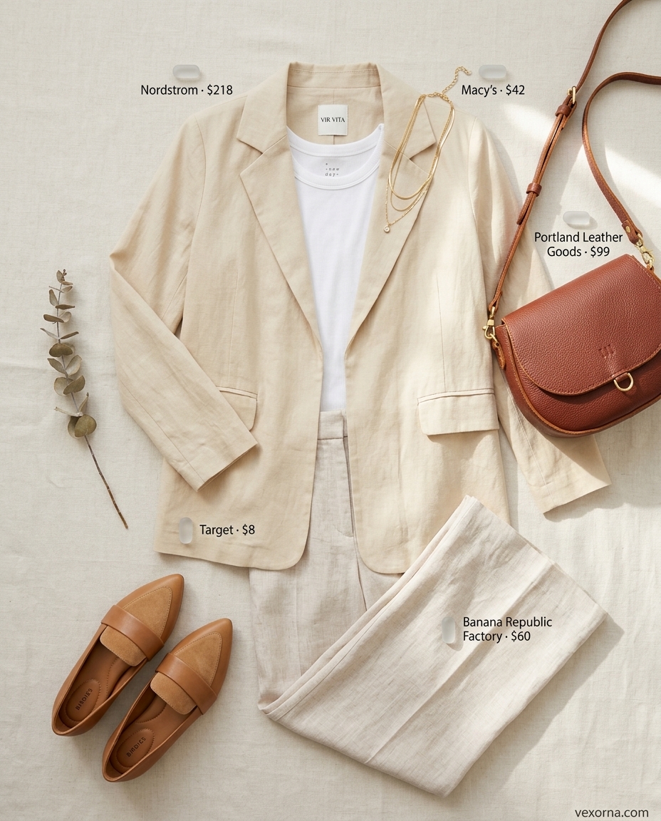What to Wear with Blazer in Summer 2026: Cream linen blazer outfit with loafers & tank top.