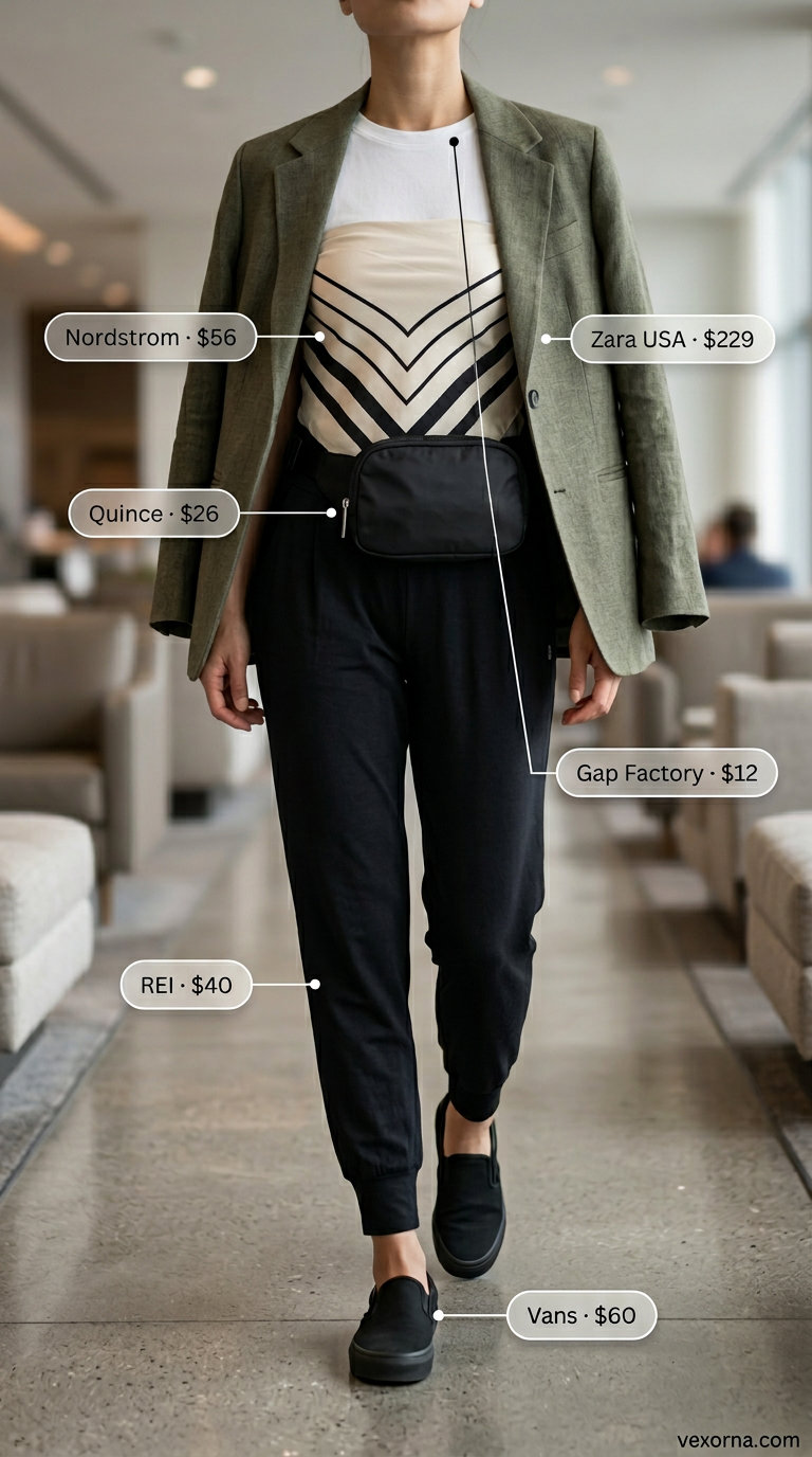 Travel outfit: Olive green linen blazer, white tee, black joggers, sneakers, scarf. What to Wear with Blazer in Summer 2026.