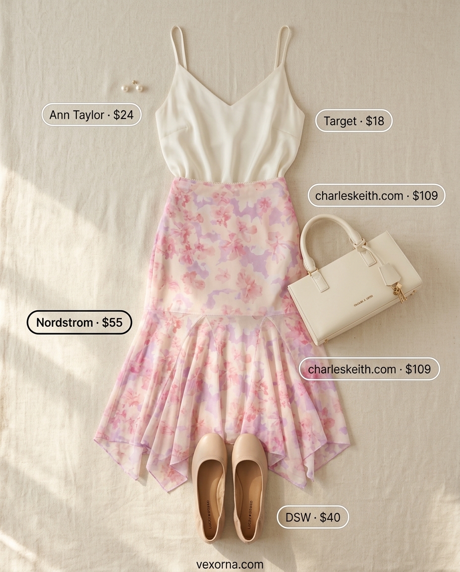 What to Wear with Blazer in Summer 2026: Blush pink blazer with floral midi skirt & ballet flats.