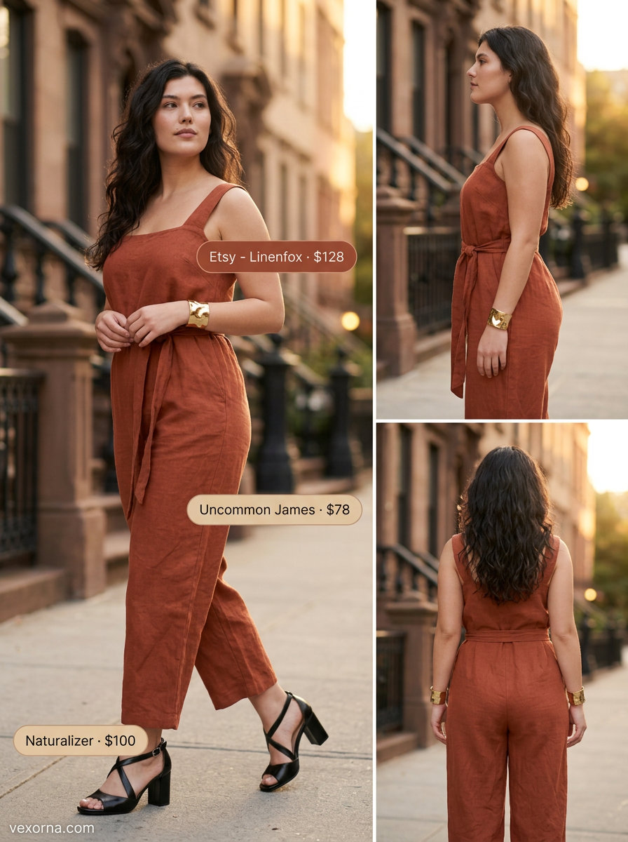 What to Wear with Blazer in Summer 2026: Terracotta linen jumpsuit with black heels & clutch.
