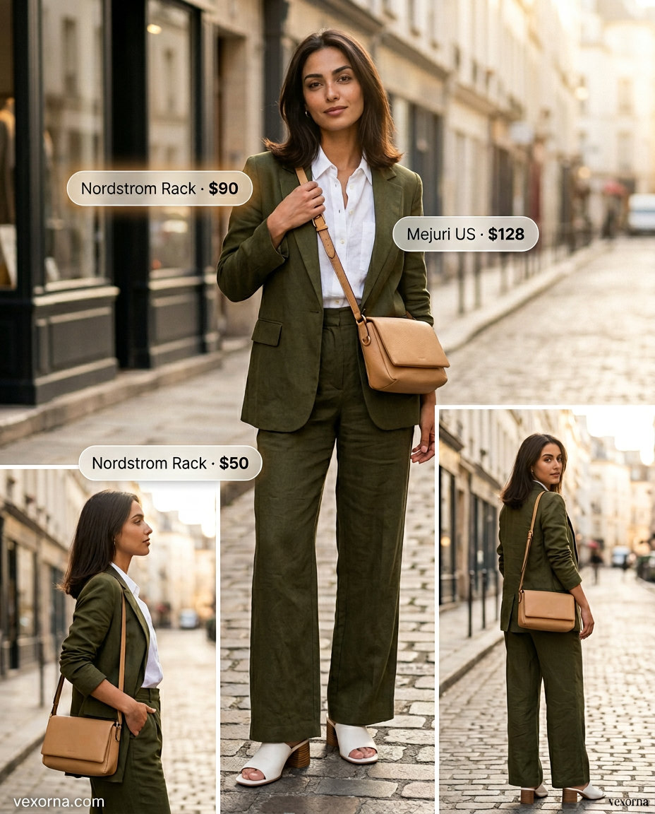What to Wear with Blazer in Summer 2026: Olive green linen set with white slides & gold accessories.