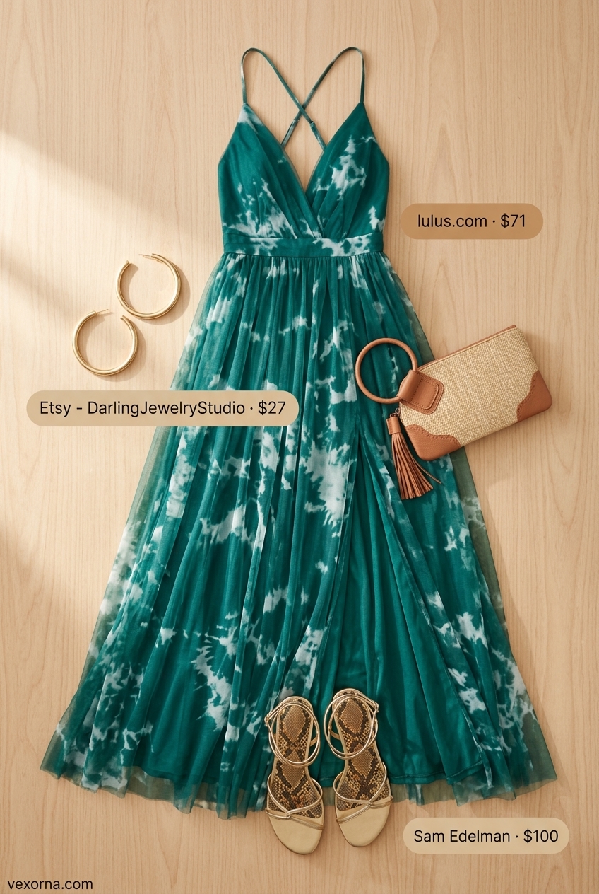 What to Wear with Blazer in Summer 2026: Emerald green maxi dress with gold sandals & straw clutch.