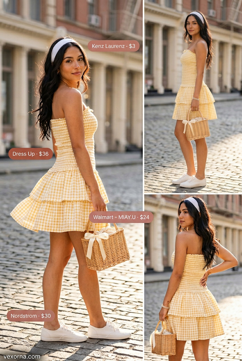 Picnic outfit: Pastel yellow gingham sundress, white sneakers, wicker basket. What to Wear with Blazer in Summer 2026.