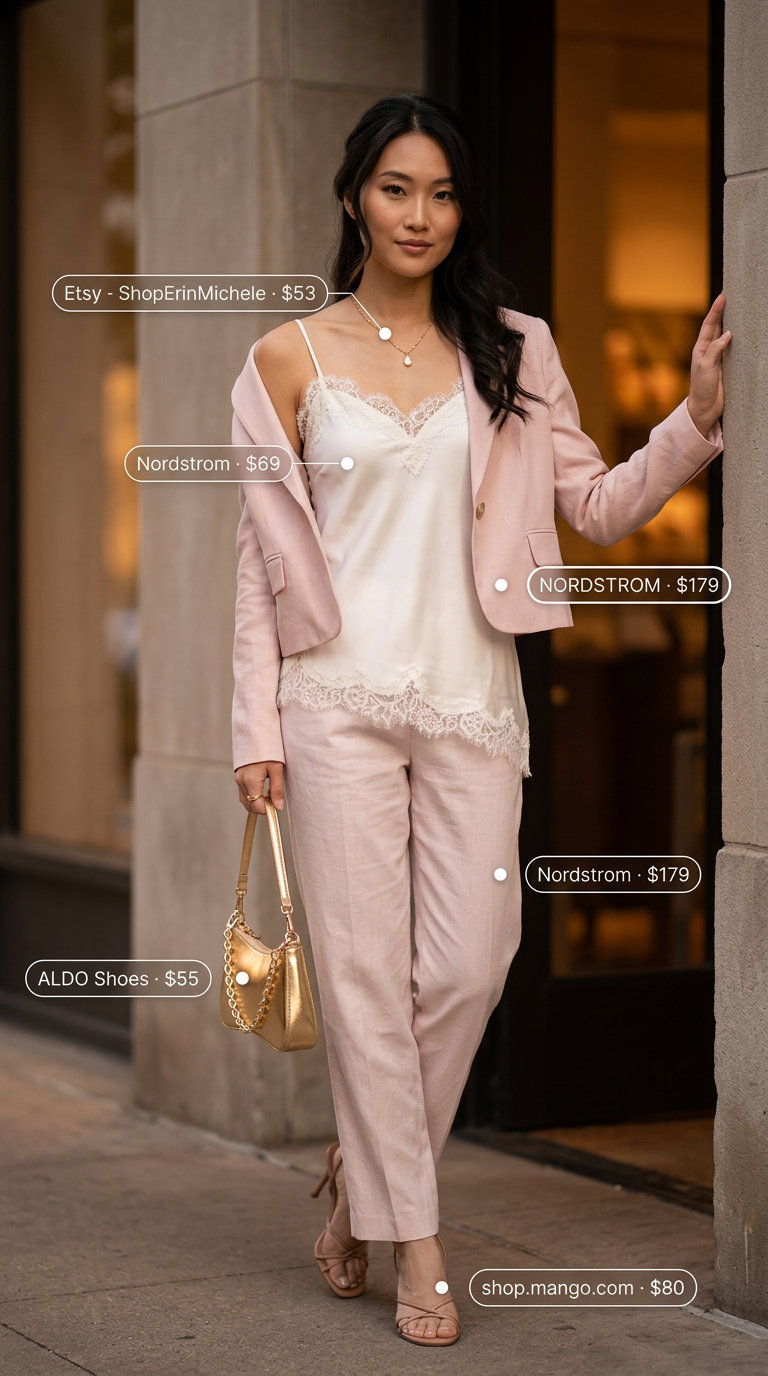 What to Wear with Blazer in Summer 2026: Blush pink blazer, ivory satin skirt, camisole, and gold accessories.