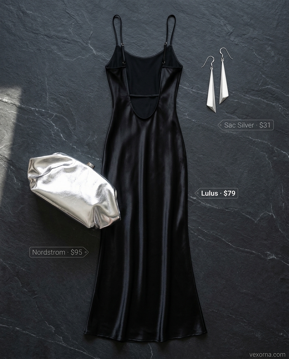 What to Wear with Blazer in Summer 2026: Black slip dress with silver strappy heels & clutch.