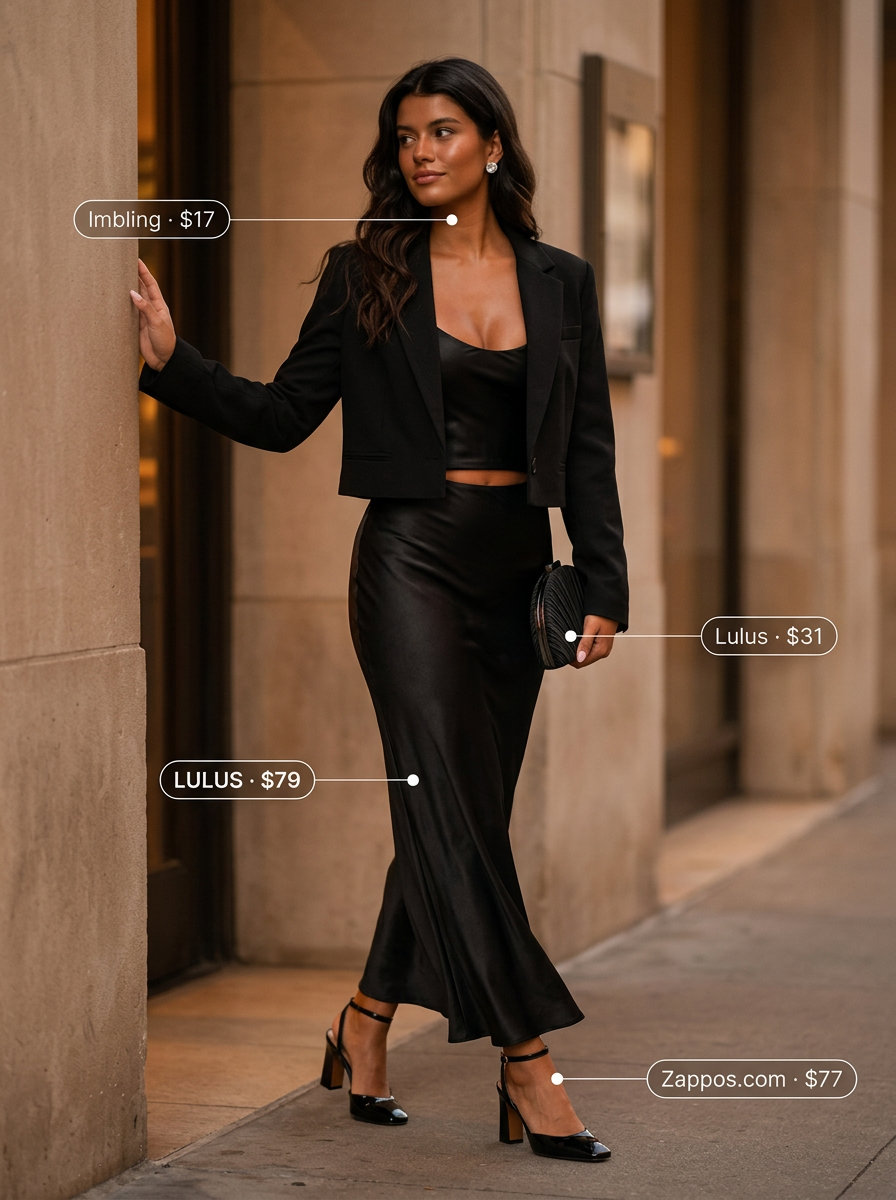 What to Wear with Blazer in Summer 2026: Silver blazer, black slip dress, and heels for a sophisticated evening.