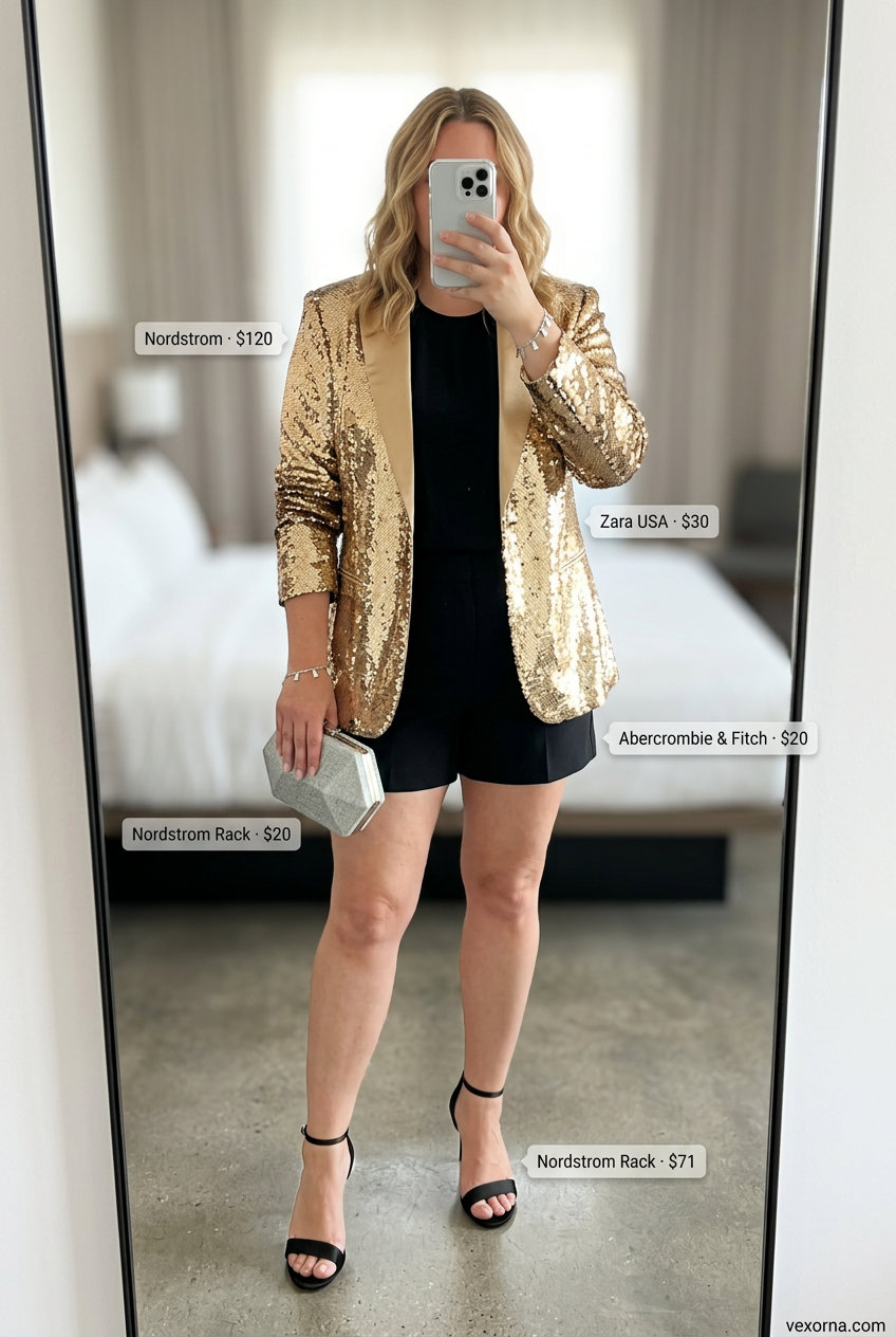 What to Wear with Blazer in Summer 2026: Sequin blazer, black dress shorts, halter top, and strappy heels for evening.
