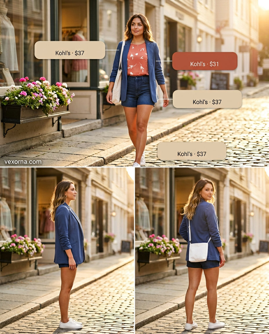 What to Wear with Blazer in Summer 2026: Denim shorts, floral blouse, and sneakers for a casual weekend look.