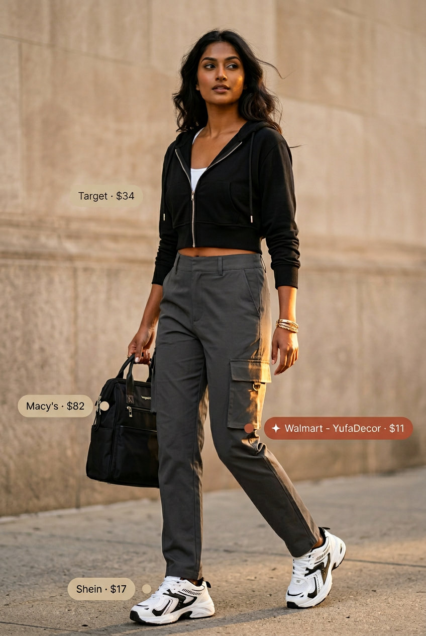 What to Wear with Cargo Pants Summer 2026: Elevated athleisure look with charcoal grey cargo pants, black cropped hoodie, and white sneakers.