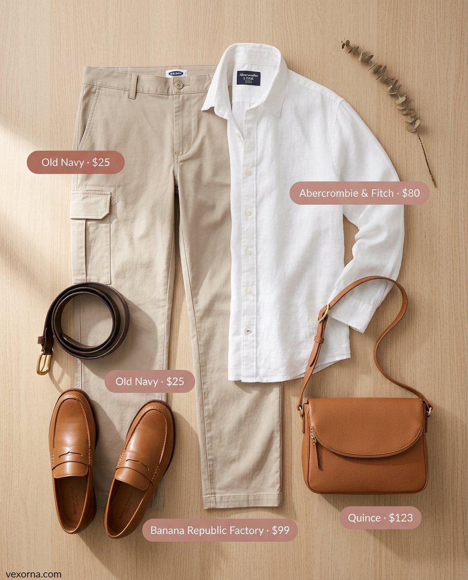 What to Wear with Cargo Pants Summer 2026: Light beige cargo pants, white linen shirt, and leather loafers for a relaxed weekend.