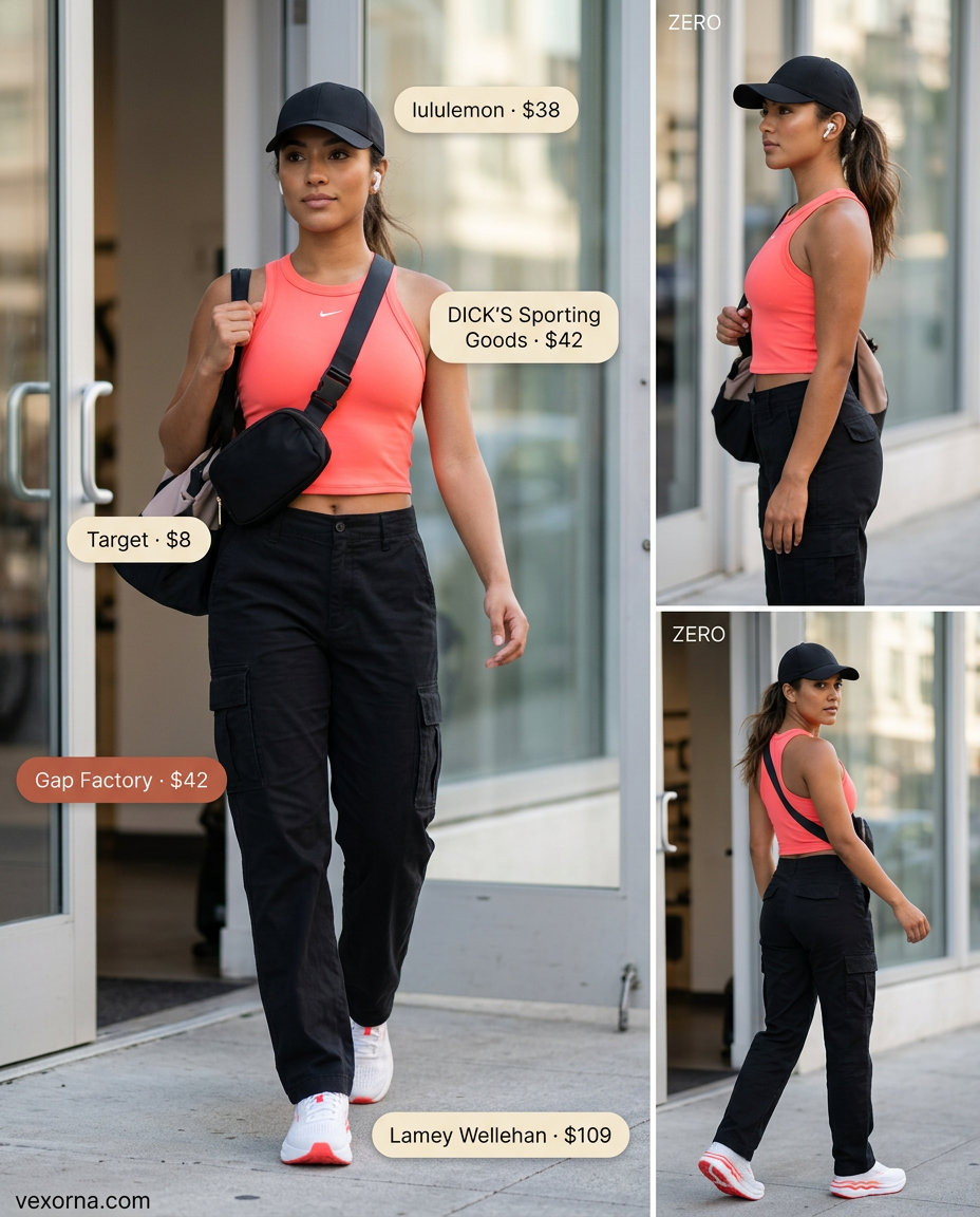 What to Wear with Cargo Pants Summer 2026: Black cargos, coral crop top, sneakers for sporty athleisure.
