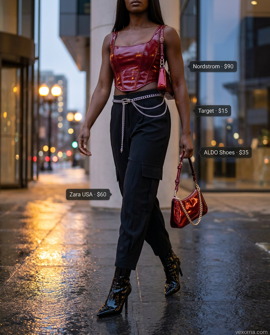What to Wear with Cargo Pants Summer 2026: Black cargos, corset top, silver belt for a night out.