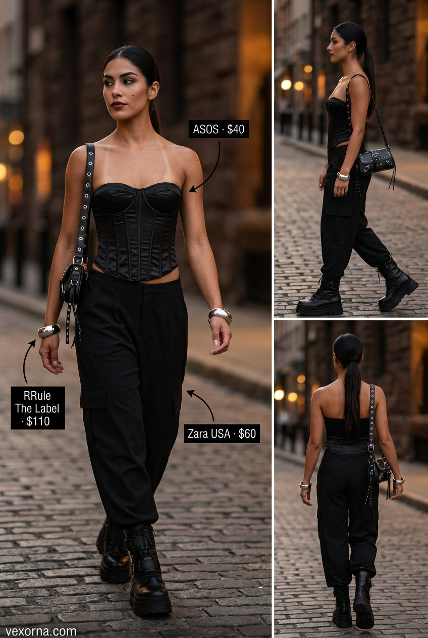 What to Wear with Cargo Pants Summer 2026: Black fitted cargo pants, corset top, and heeled combat boots for a night out.