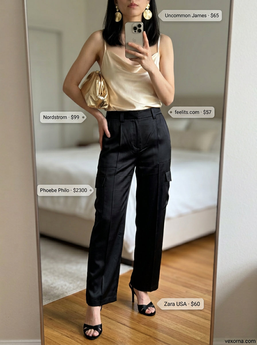 What to Wear with Cargo Pants Summer 2026: Black wide-leg cargos, champagne cami, gold earrings for evening.
