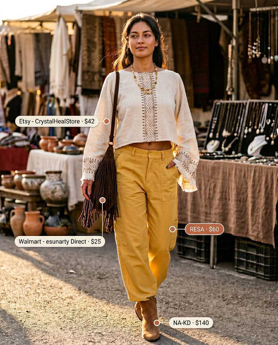 What to Wear with Cargo Pants Summer 2026: Bohemian festival style with mustard yellow cargo pants, flowy blouse, and suede boots.