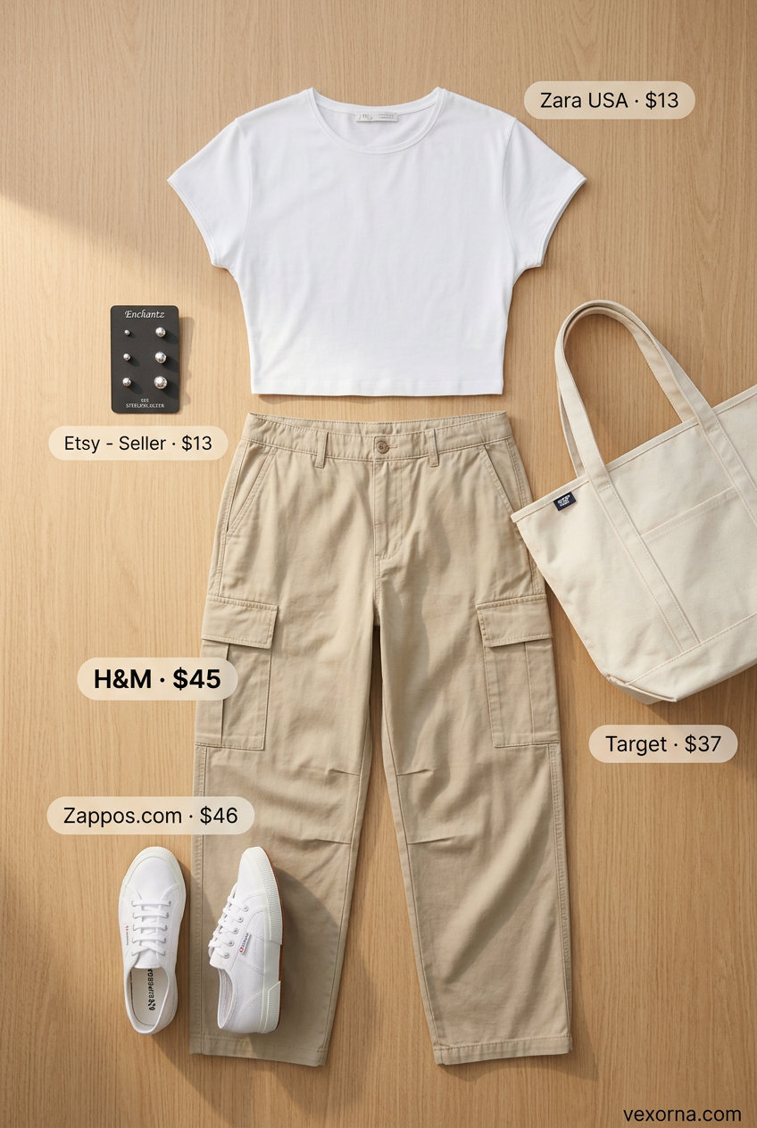 What to Wear with Cargo Pants Summer 2026: Casual khaki cargo pants, white tee, and canvas sneakers for a relaxed day out.