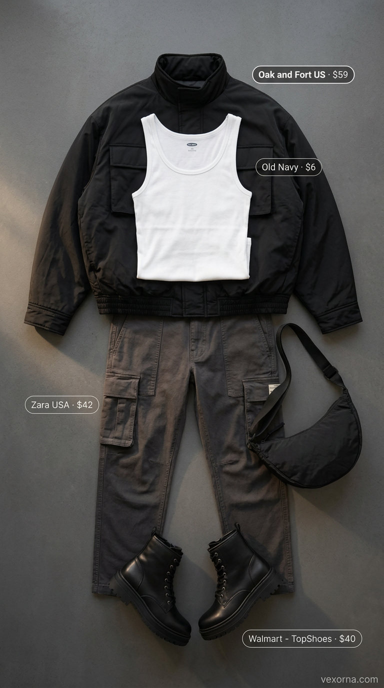 What to Wear with Cargo Pants Summer 2026: Charcoal cargo pants, white tank, bomber jacket, and combat boots for streetwear.