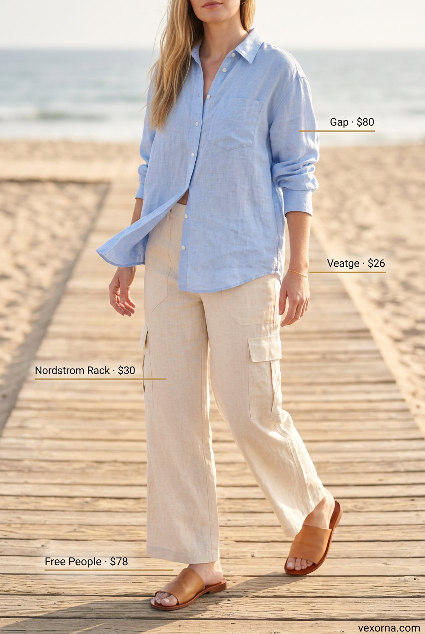 What to Wear with Cargo Pants Summer 2026: Relaxed coastal style with cream cargo pants, sky blue linen shirt, and tan slides.