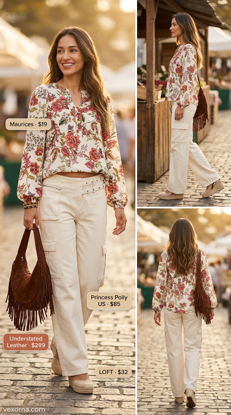 What to Wear with Cargo Pants Summer 2026: Cream wide-leg cargos, floral blouse, espadrilles for boho vacation.