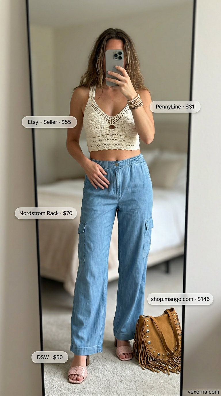 What to Wear with Cargo Pants Summer 2026: Denim cargos, ecru crochet top, terracotta bag for festival style.