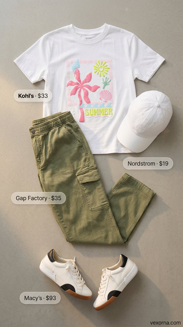 What to Wear with Cargo Pants Summer 2026: Khaki cargo pants, graphic tee, and retro sneakers for a sporty casual look.