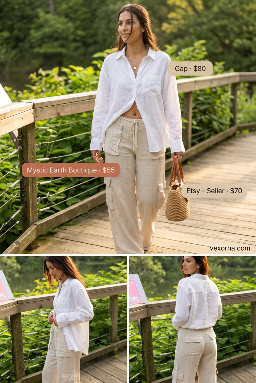 What to Wear with Cargo Pants Summer 2026: Light beige linen cargo pants, white linen shirt, and straw tote for coastal vibes.