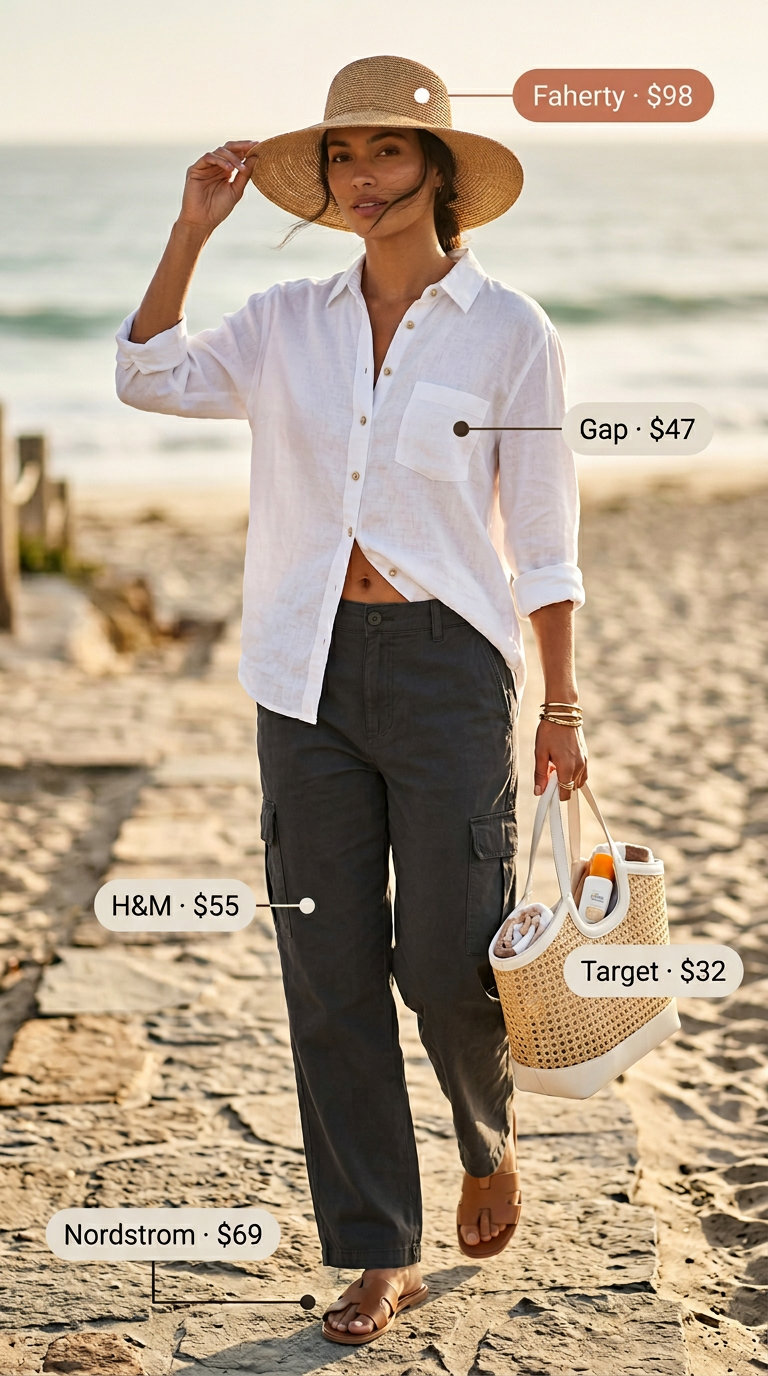 What to Wear with Cargo Pants Summer 2026: Vacation outfit with linen shorts, oversized white shirt, and straw hat.