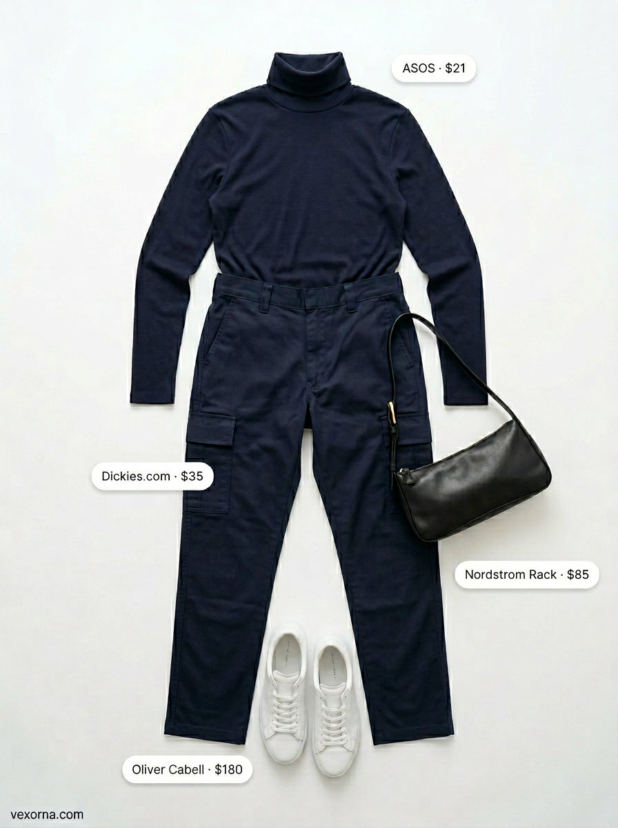 What to Wear with Cargo Pants Summer 2026: Sophisticated monochrome outfit with navy cargo pants, navy turtleneck, and white sneakers.