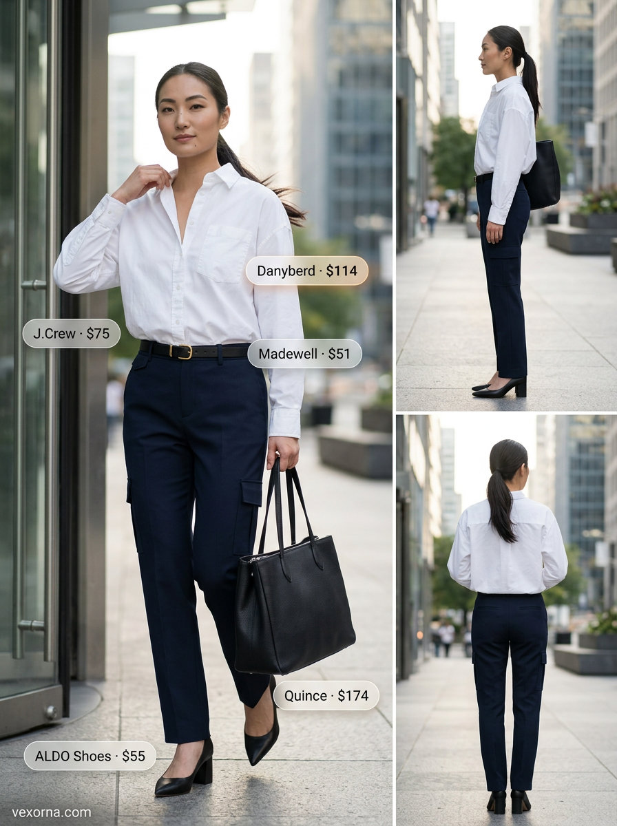 What to Wear with Cargo Pants Summer 2026: Navy tailored cargos, white oversized shirt, black heels for smart casual.