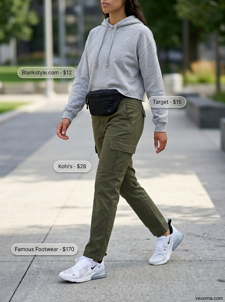 What to Wear with Cargo Pants Summer 2026: Olive cargos, grey hoodie, sneakers for casual errands.