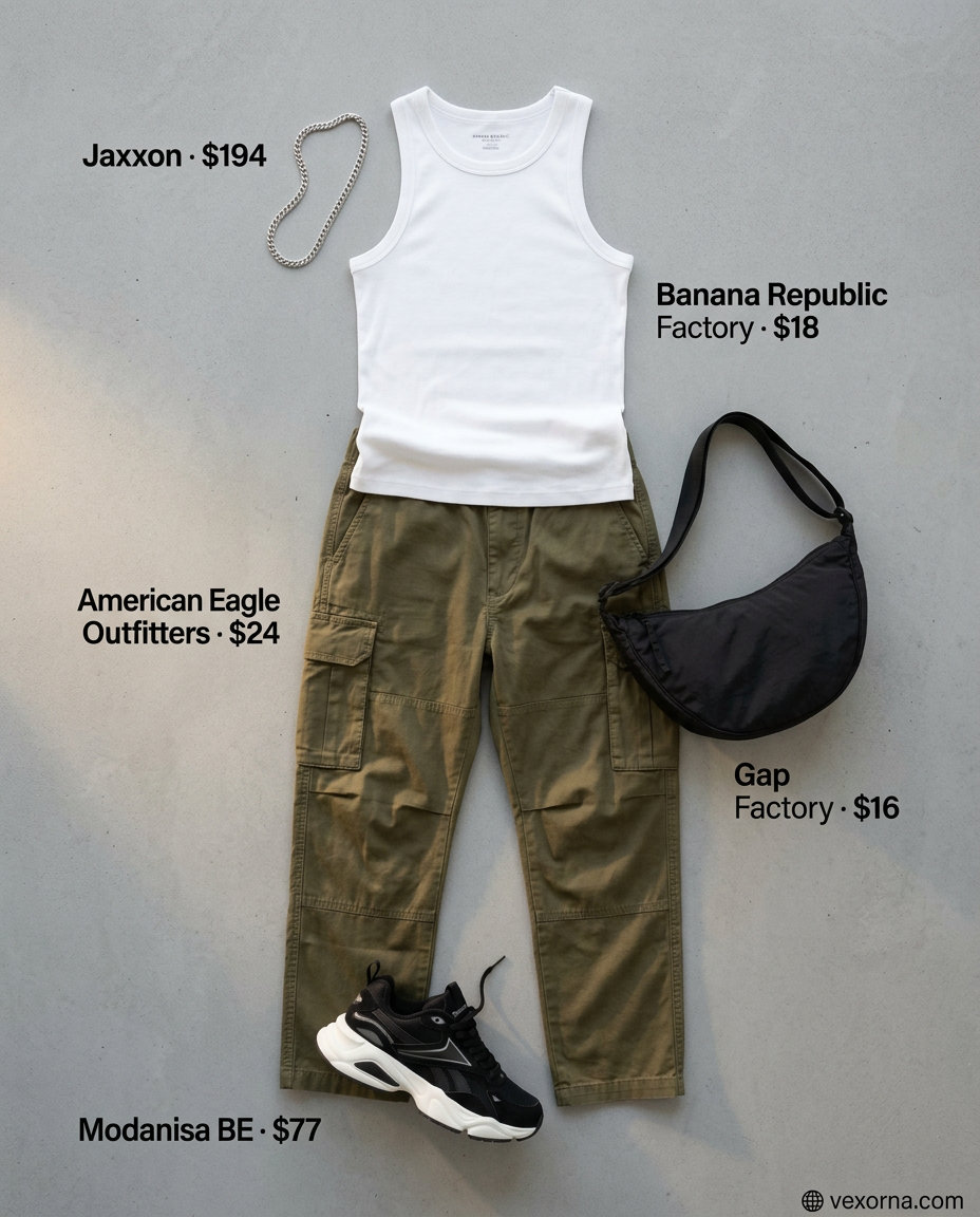 What to Wear with Cargo Pants Summer 2026: Olive green cargo pants, white tank, and chunky sneakers for urban exploration.