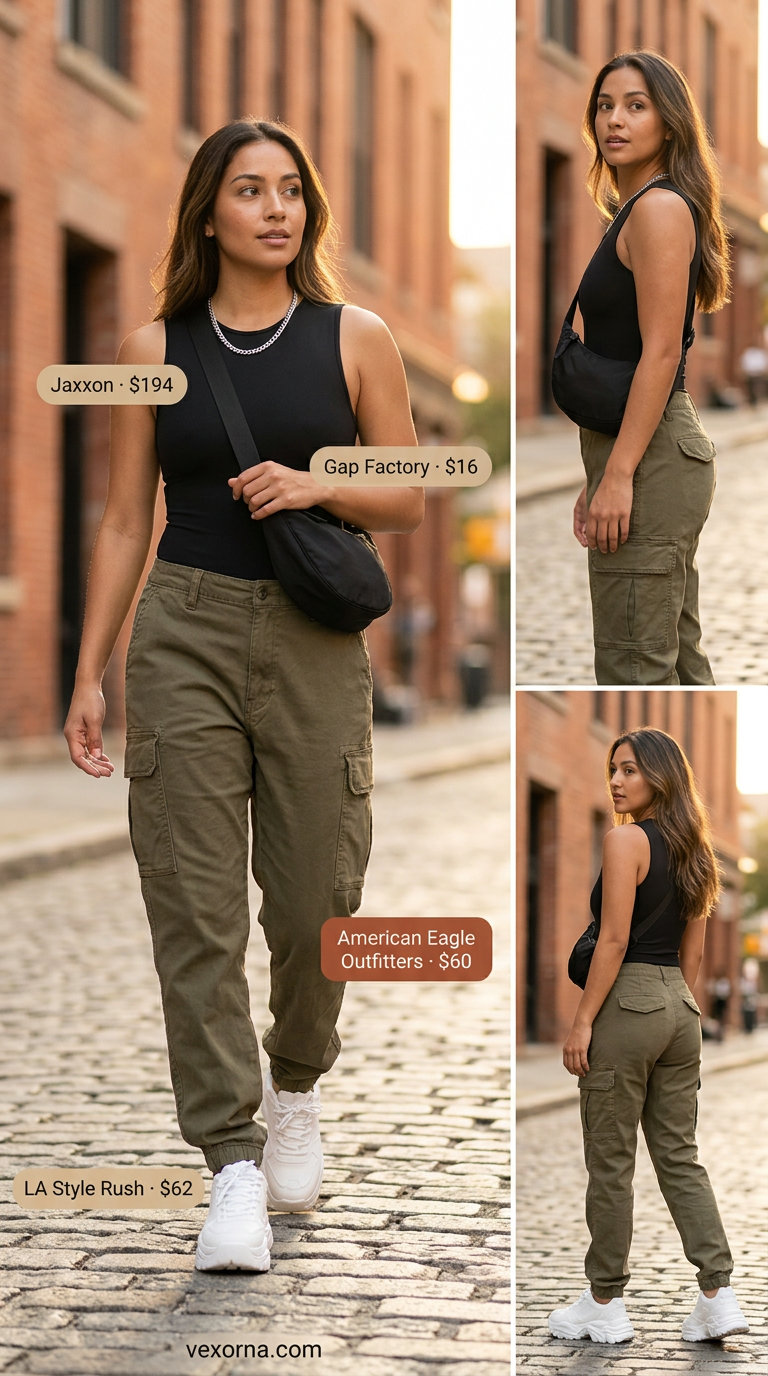 What to Wear with Cargo Pants Summer 2026: Olive green cargos, black bodysuit, white sneakers for urban exploring.