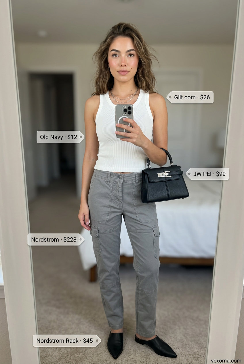What to Wear with Cargo Pants Summer 2026: Chic outfit with stone grey cargo pants, fitted white tank, and sheer white oversized shirt.